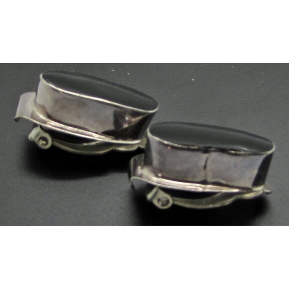 Taxco Black Onyx Clip On Earrings Sterling Silver Oval Mexico 925 - Picture 3 of 4